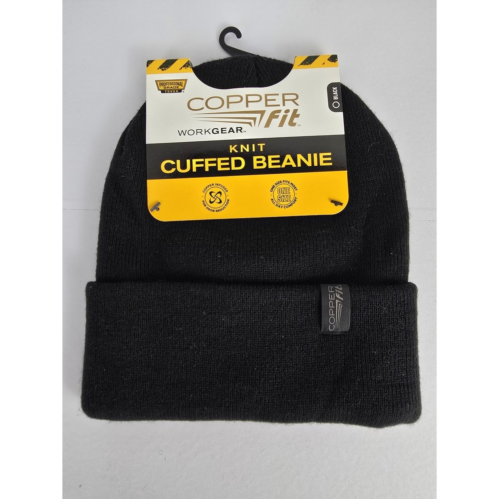 Copper Fit Beanie Men OS Black Work Gear Knit Cuffed Odor Reduction Hat